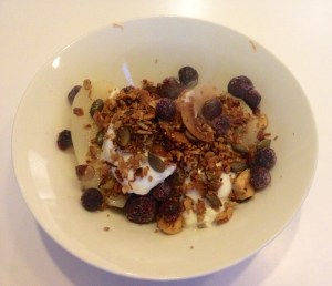 Poached pears with sheep's yoghurt grain free crunchy granola & blueberries