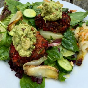 Lentil vegetable patty with guacamole